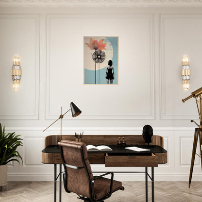 Wooden desk with leather chair in a mid-century modern style.