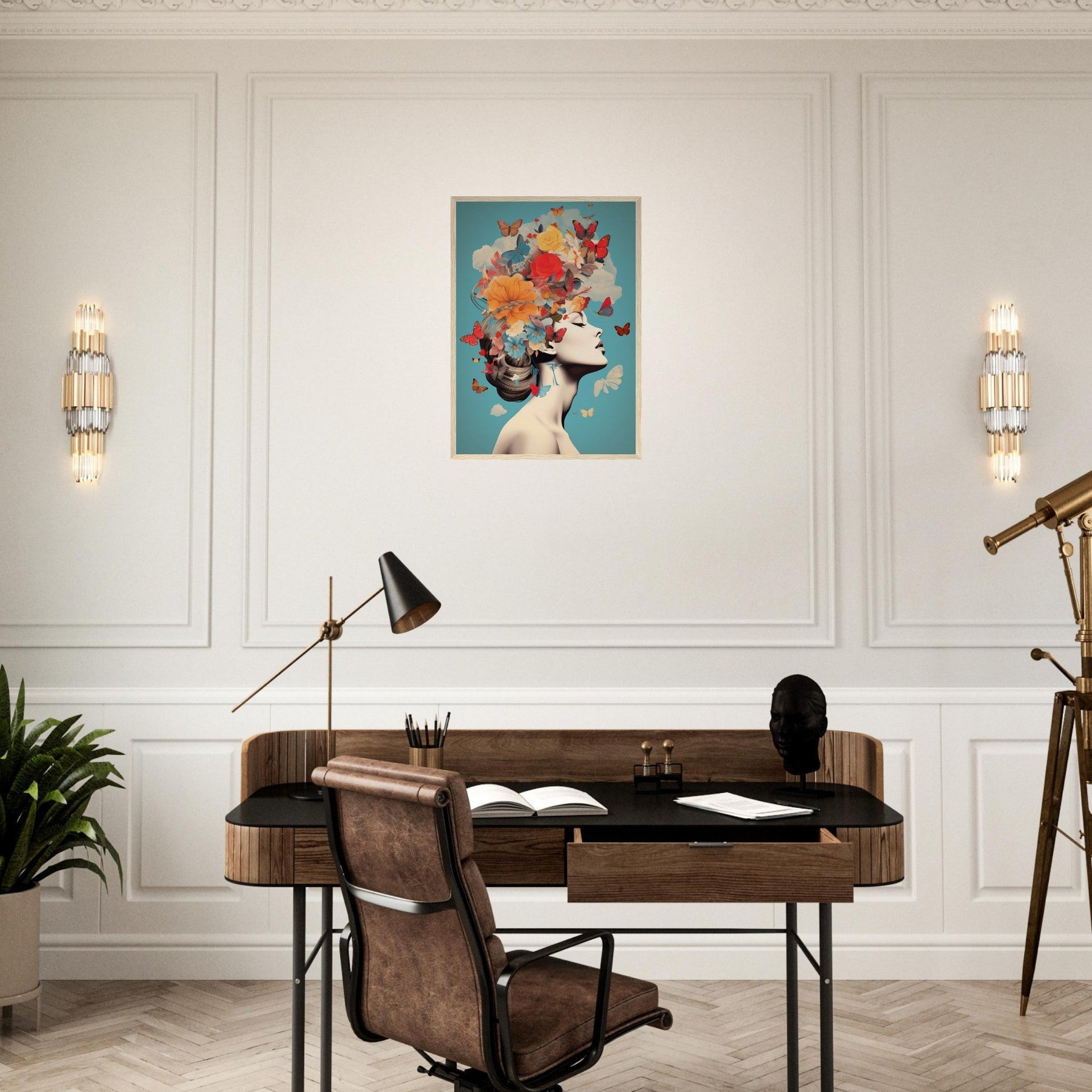 Wooden desk with leather chair in a home office setting.