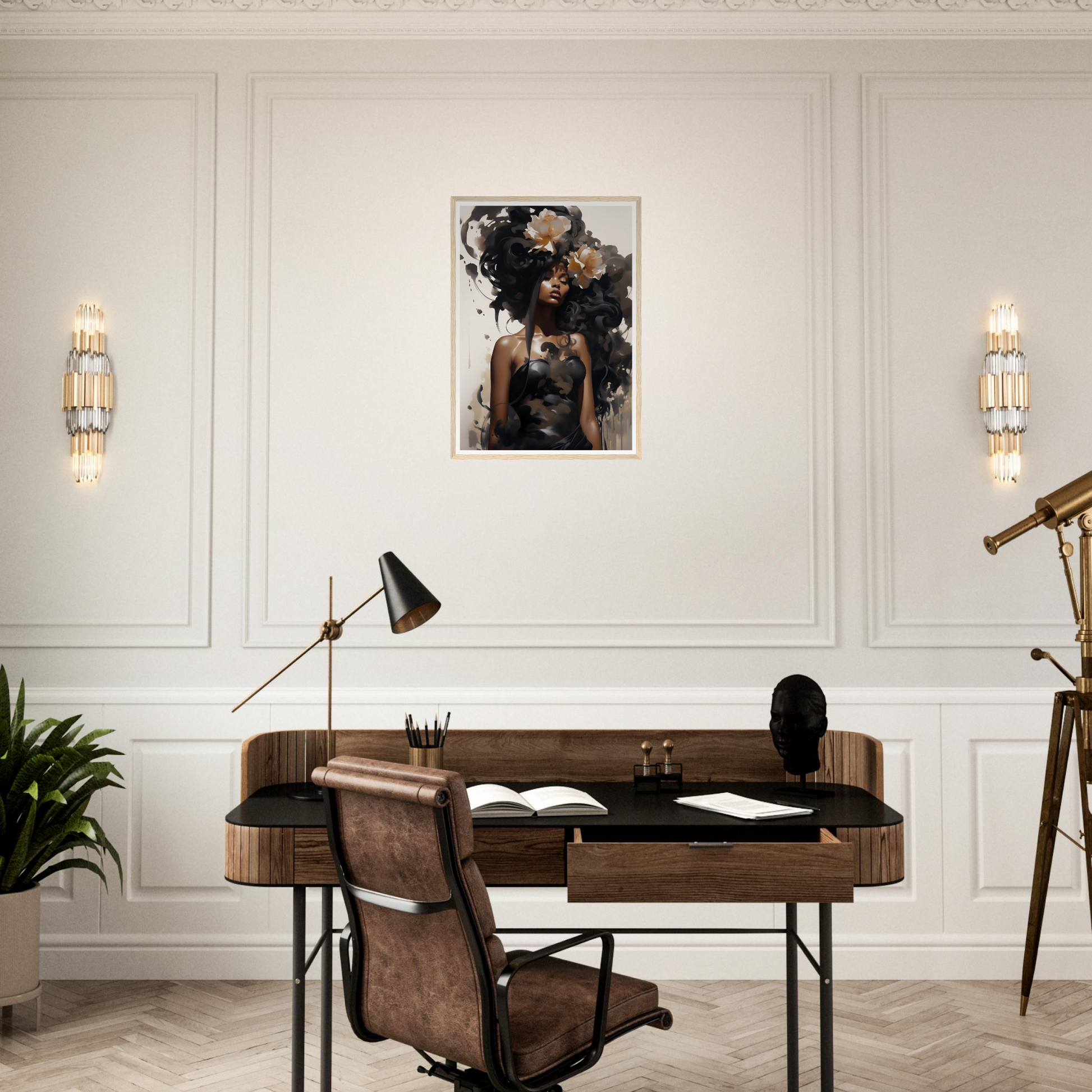 Elegant home office workspace with a brown leather desk and chair.