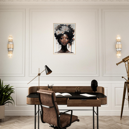 Elegant wooden desk with a leather chair in a home office setting.