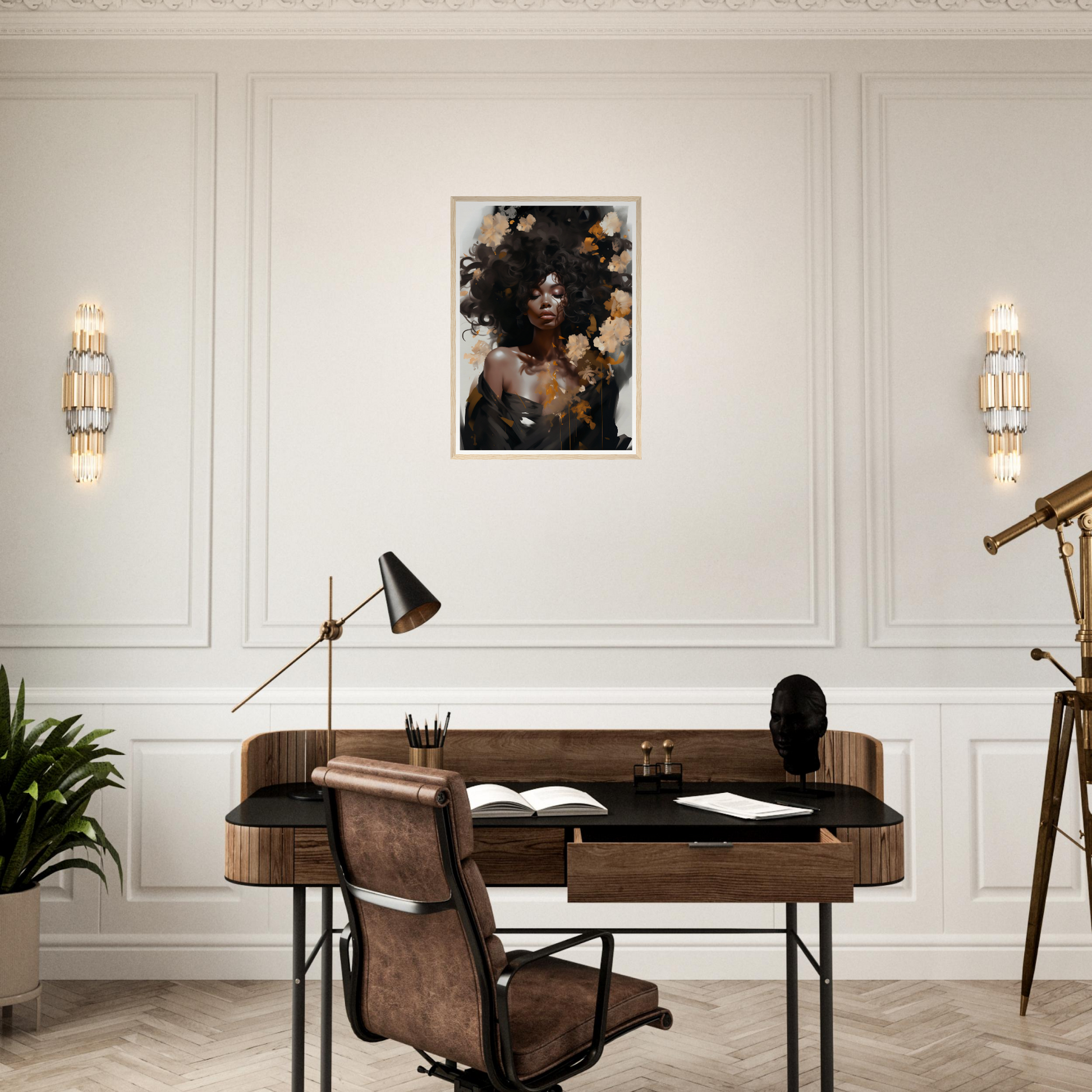 Elegant home office desk with a leather chair and decorative artwork above.