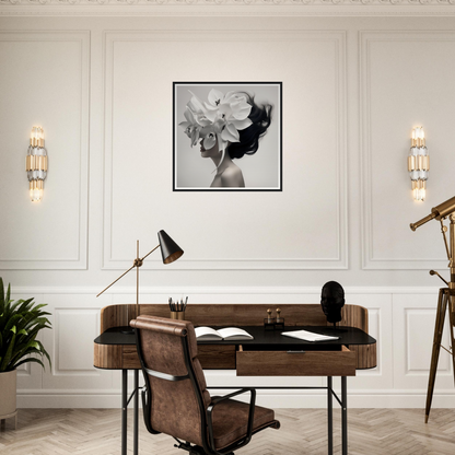 Wooden desk with leather chair in a mid-century modern style.