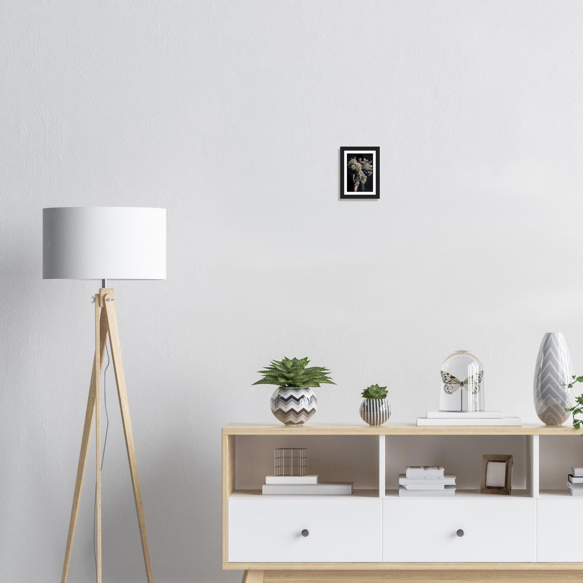 Modern wooden sideboard with white drawers and open shelving compartments.