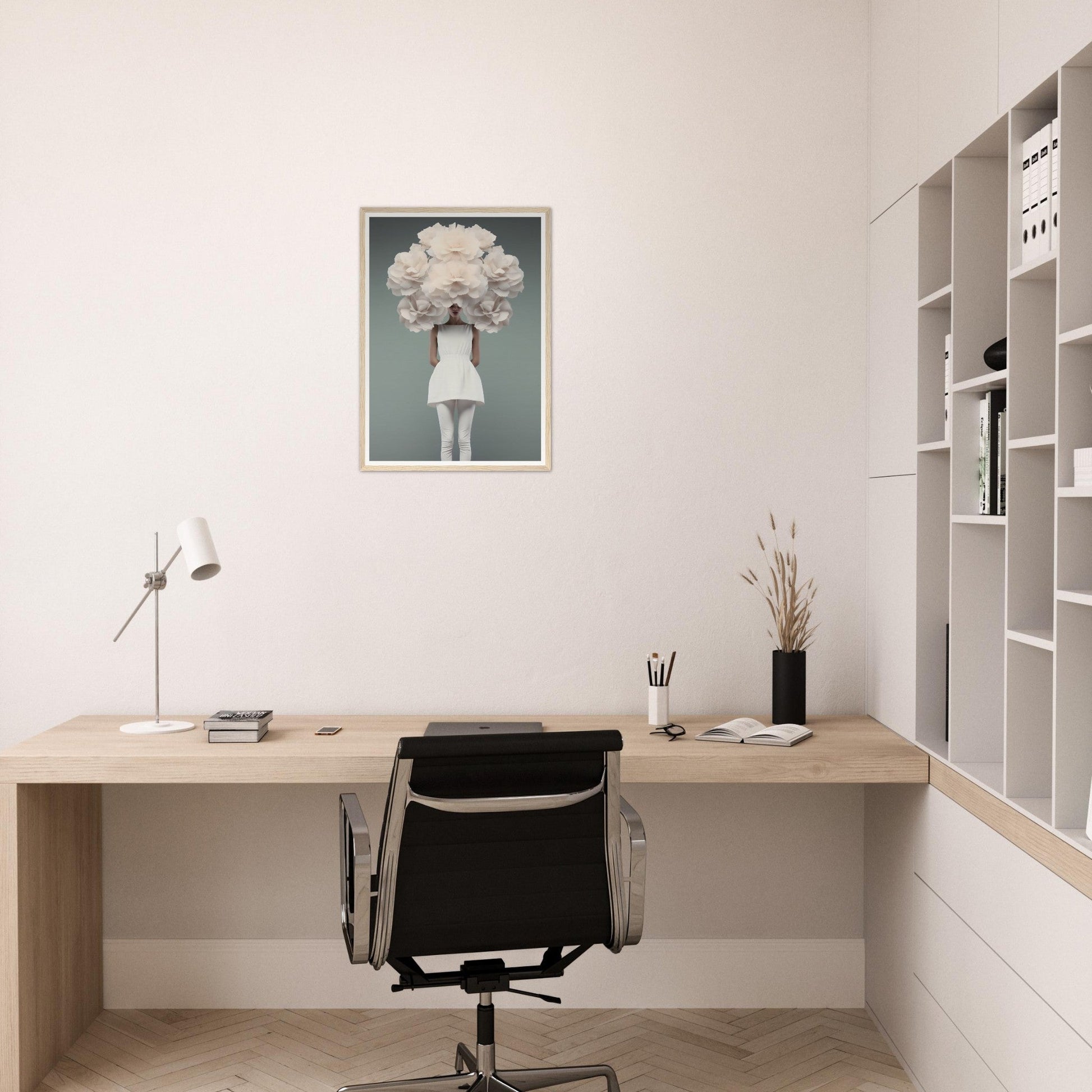 Minimalist home office workspace with a wooden desk and black office chair.