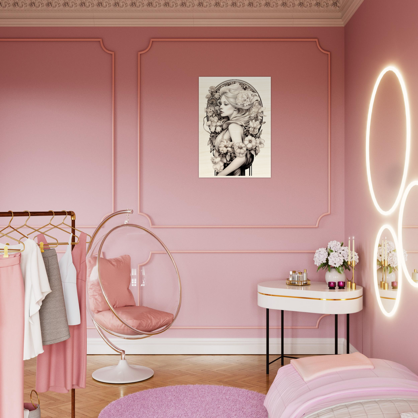 Pink-themed bedroom with a hanging bubble chair and modern decor elements.