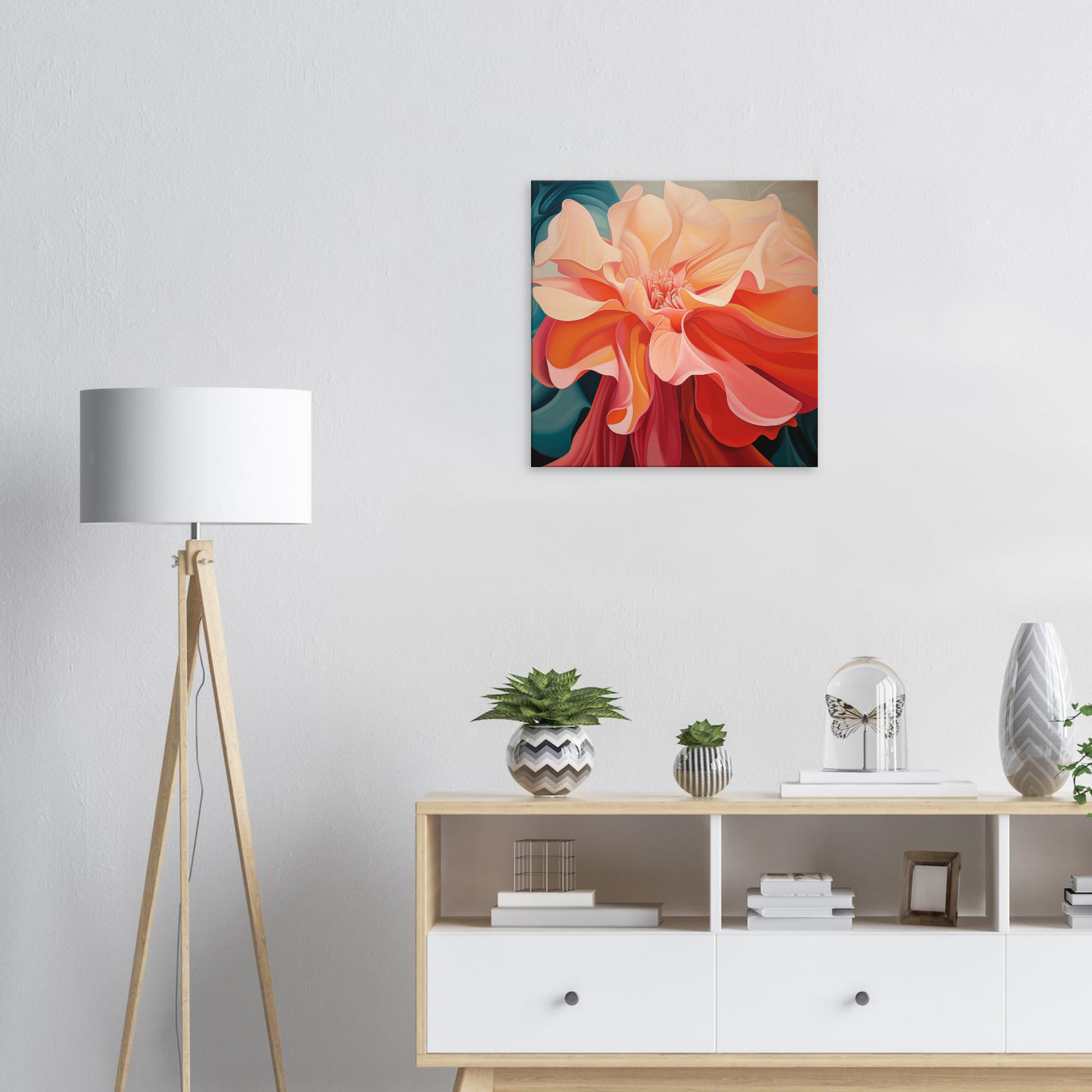A high-quality "The Wild In The Flower Inspired By Georgia O'Keefe - Canvas Print" adorning the wall in a cozy living room.
