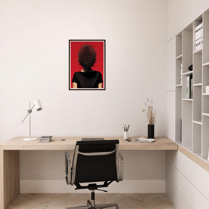 Minimalist home office workspace with a desk, chair, and striking red artwork on the wall.