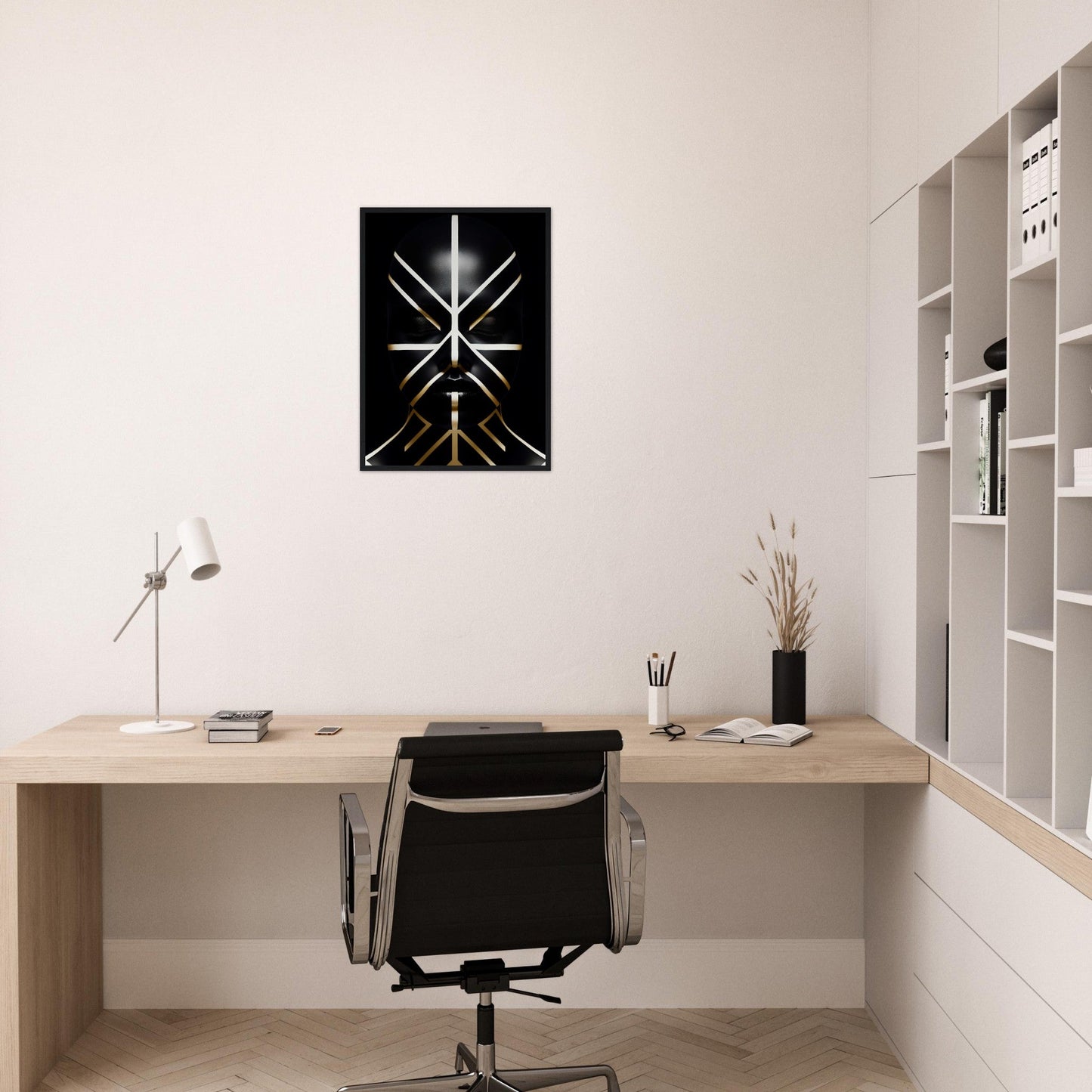 Minimalist home office workspace with a wooden desk, black office chair, and wall-mounted shelving unit.