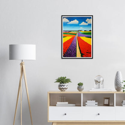 Vibrant landscape painting featuring colorful fields and a road leading to the horizon.