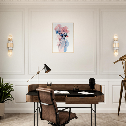 Wooden desk with leather chair in a home office setting.