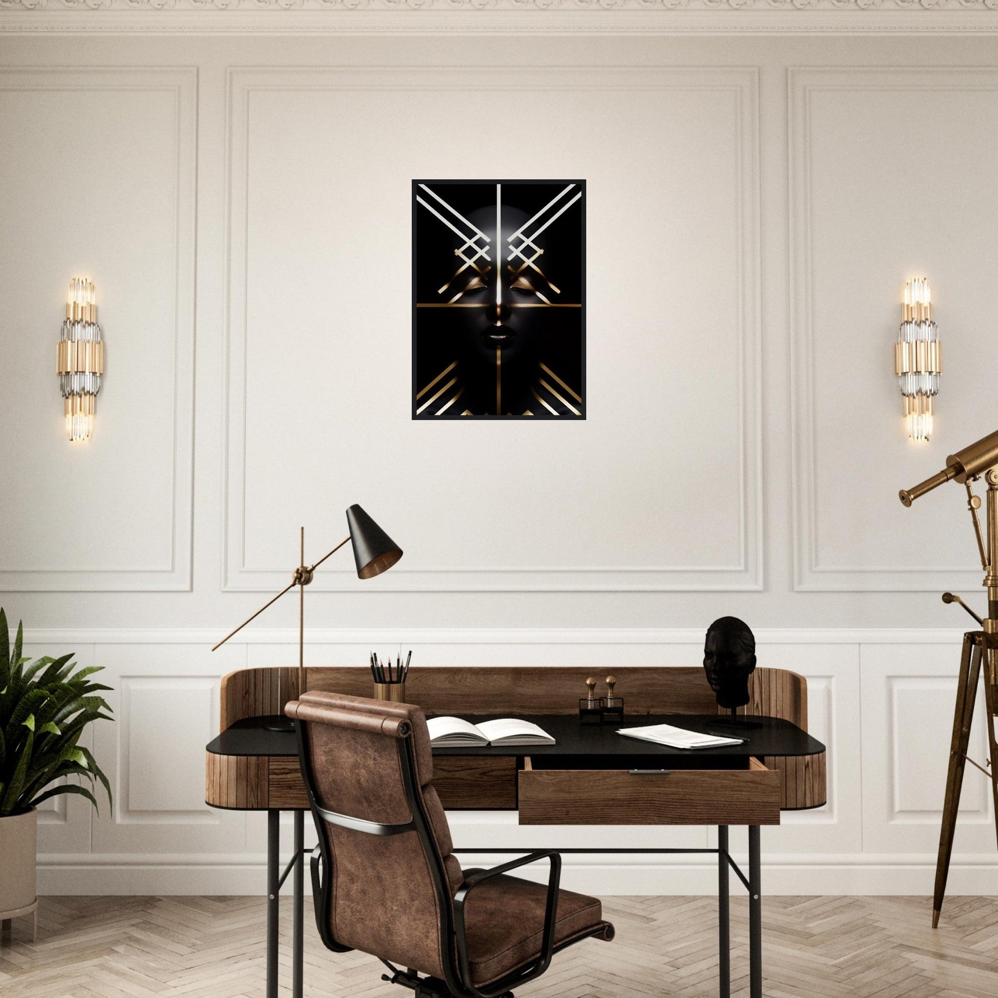 Wooden desk with a leather chair in a mid-century modern style.