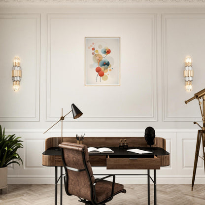 Wooden desk with a curved front and leather chair in a mid-century modern style.