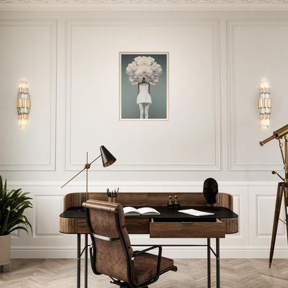 Wooden desk with leather chair in a home office setting.