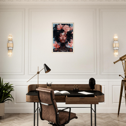 Elegant wooden desk with a curved front and leather chair in a home office setting.