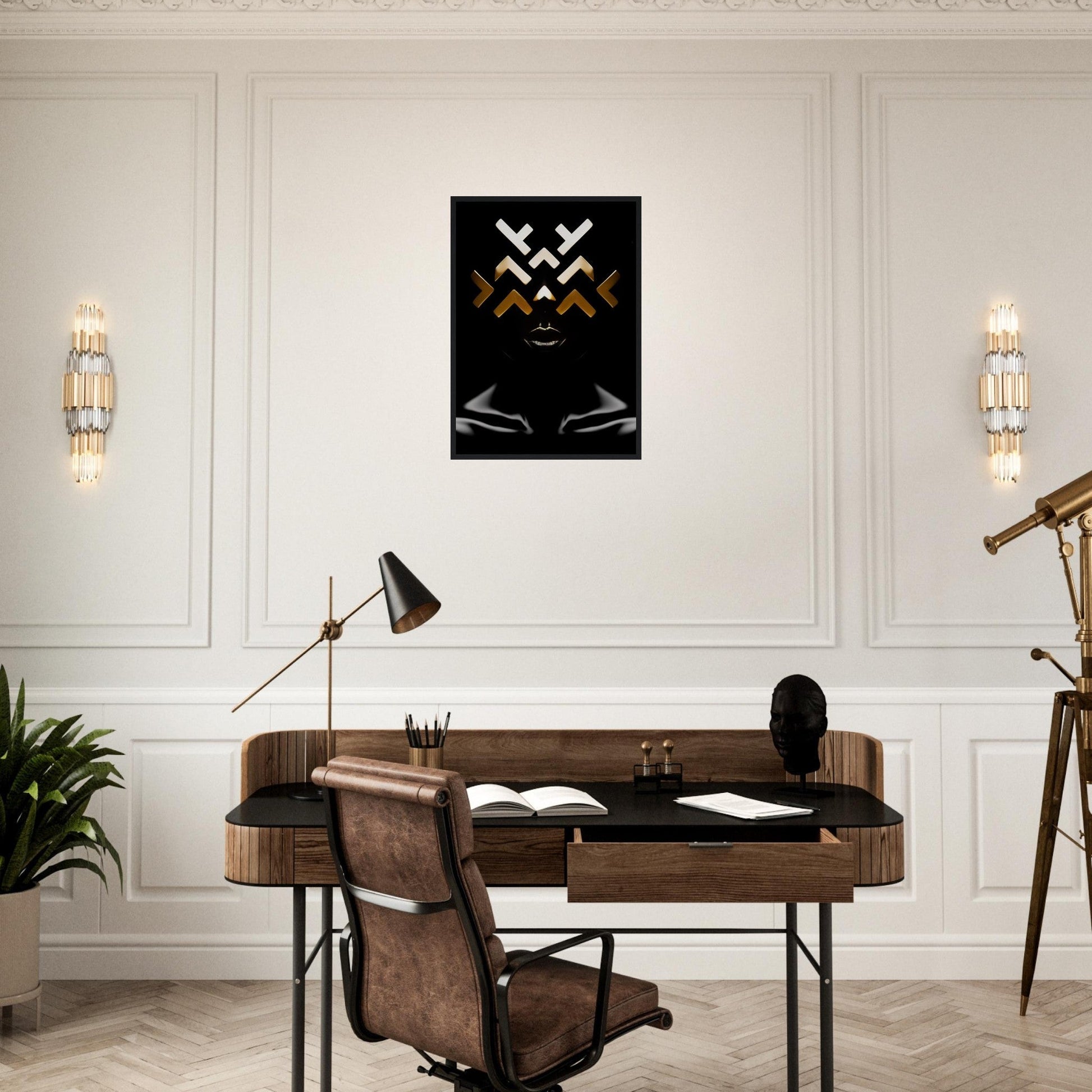 Wooden desk with a leather chair in a home office setting.