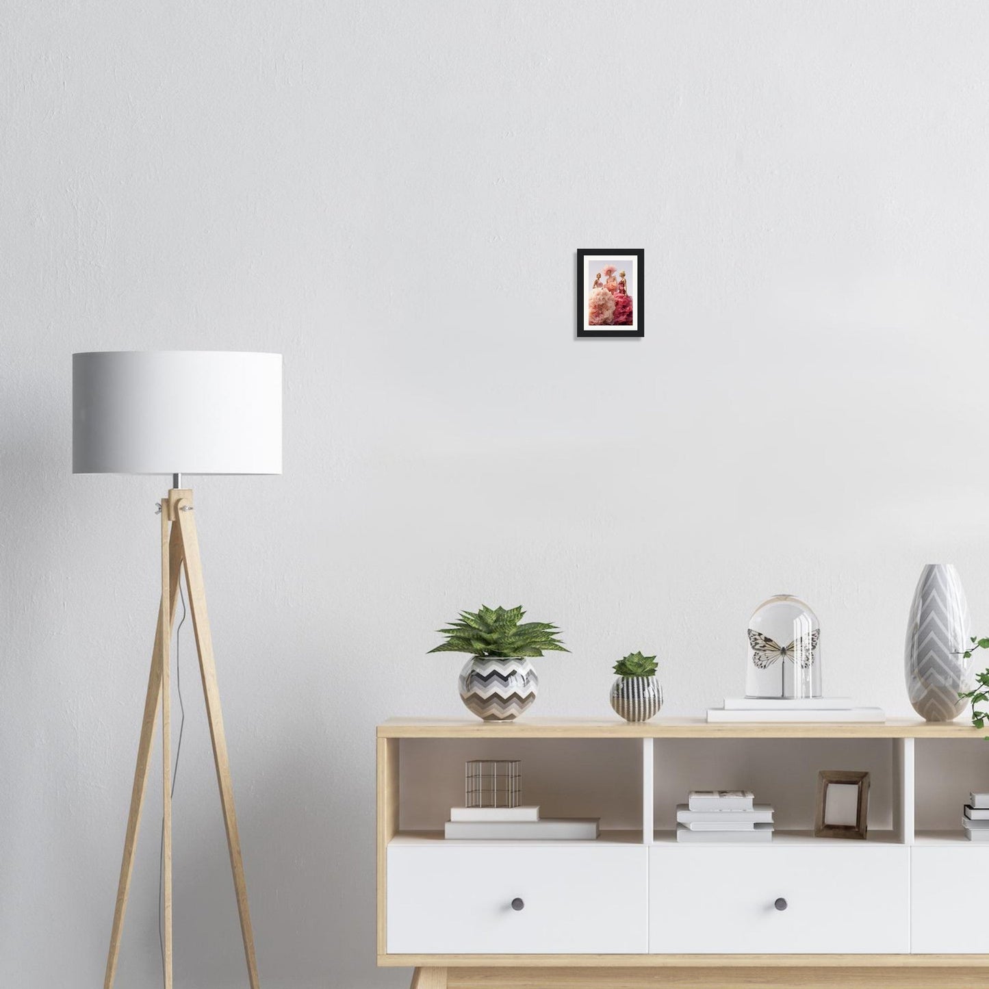 Modern wooden sideboard with open shelving and white drawers.