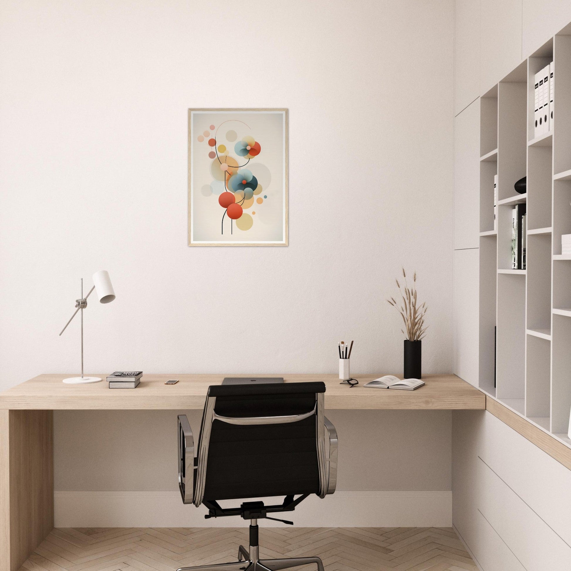 Minimalist home office workspace with a wooden desk, black office chair, and colorful abstract wall art.