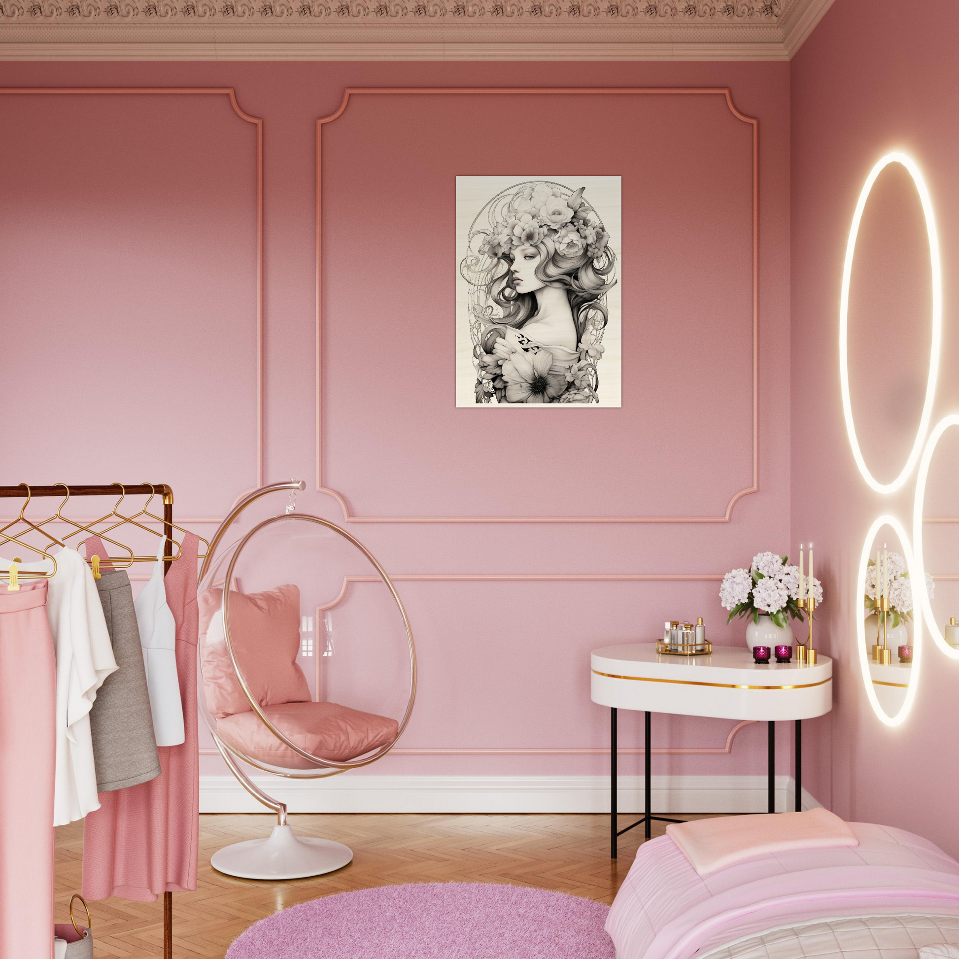 Pink bedroom with feminine decor and modern lighting features.