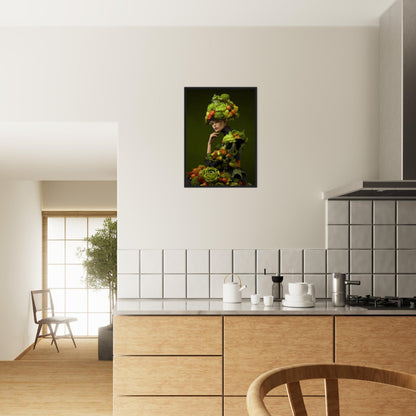 Modern kitchen with wooden cabinets and a unique portrait hanging on the wall.