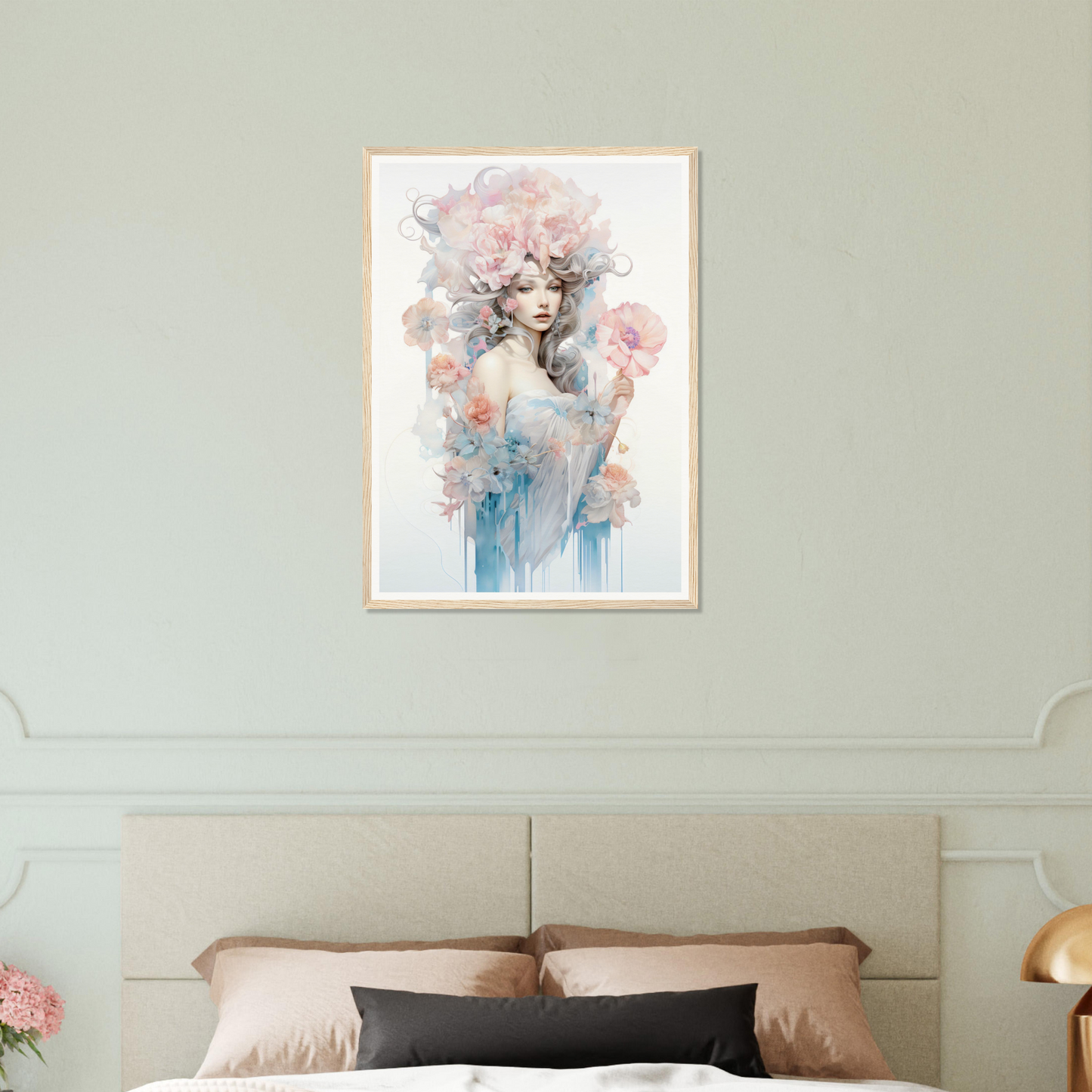 Framed watercolor painting of an ethereal feminine figure with floral elements.