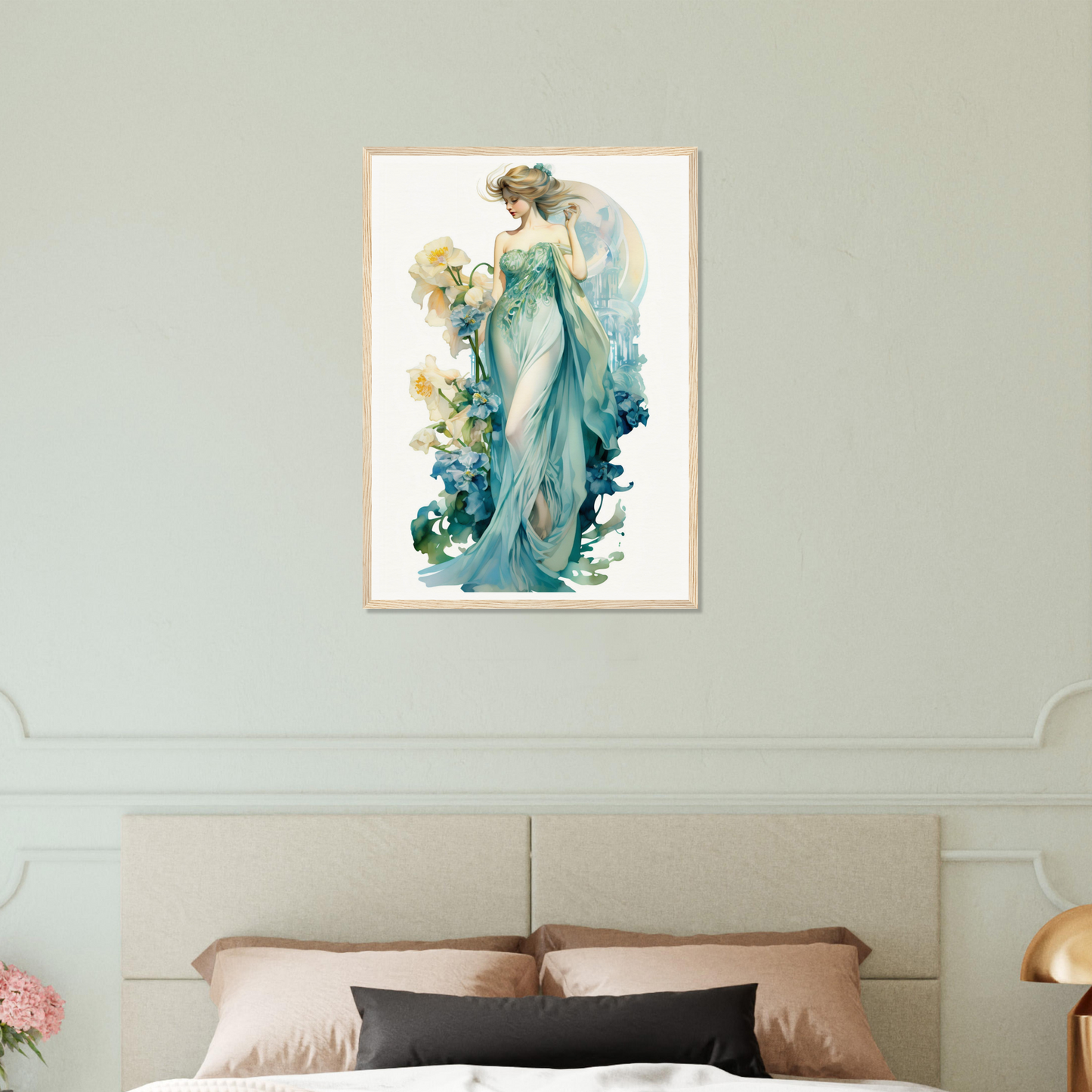 Framed watercolor painting of an elegant woman in a flowing turquoise gown.