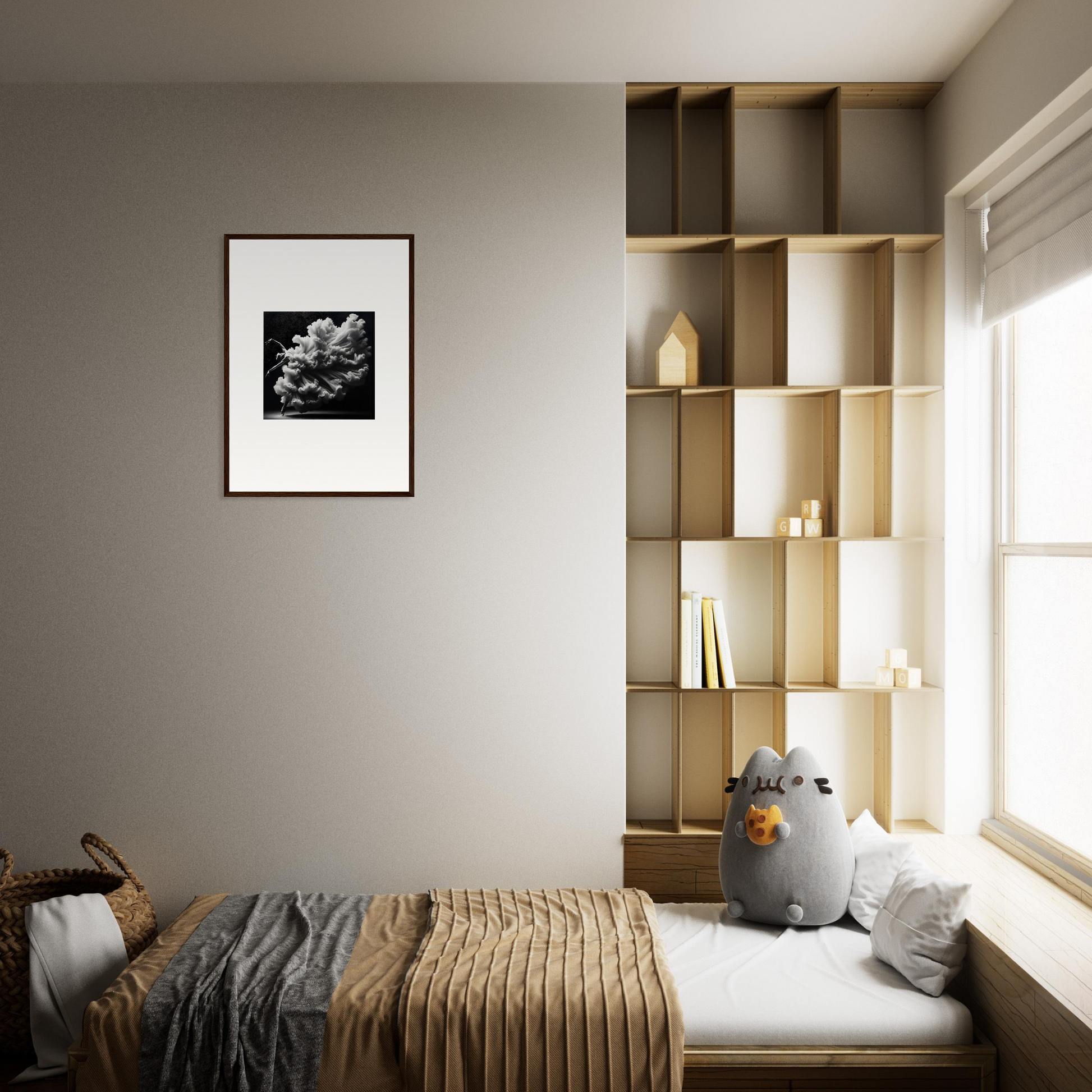 Cozy bedroom with a built-in window seat and shelving unit.