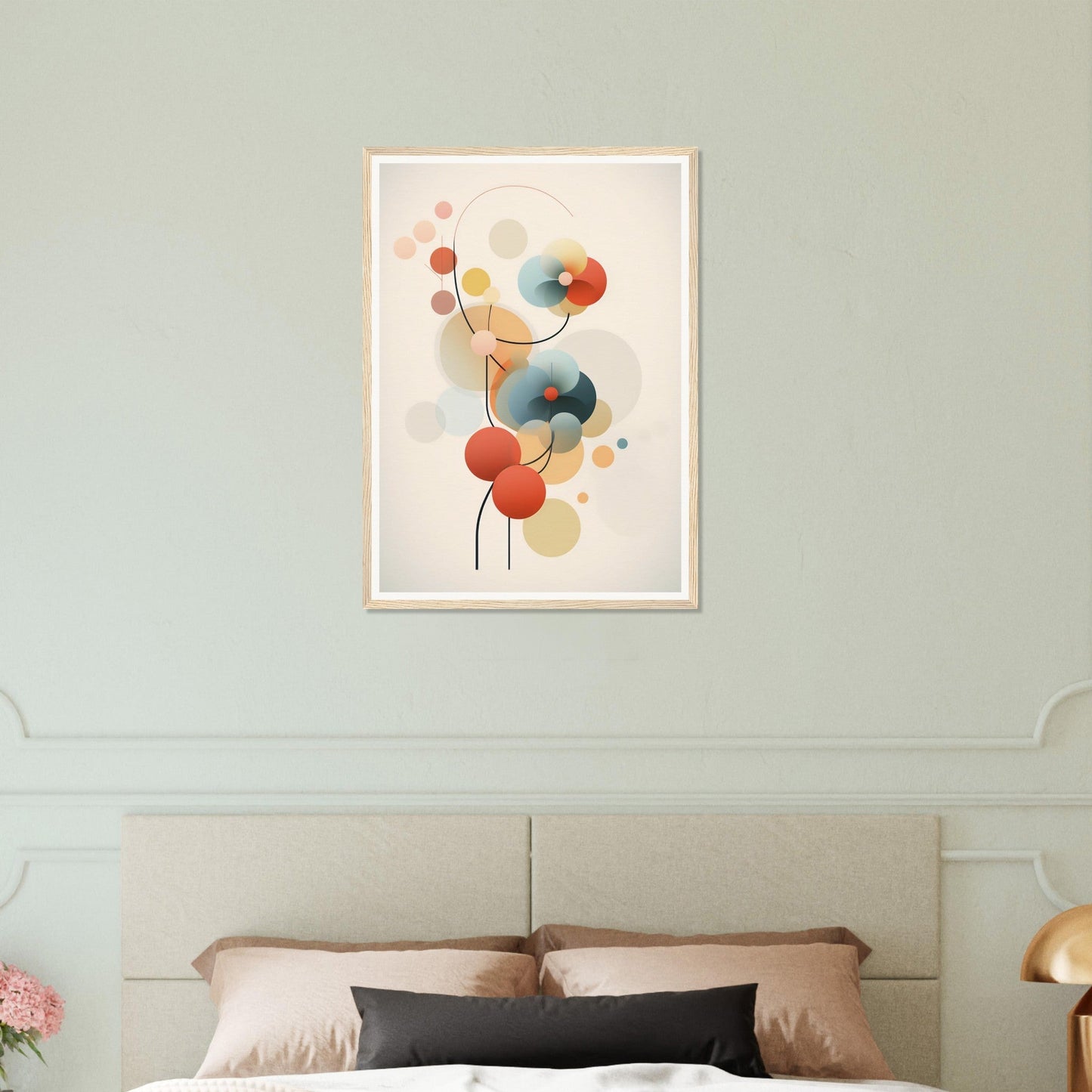 Abstract artwork featuring colorful geometric shapes and organic forms arranged in a floral-like composition.