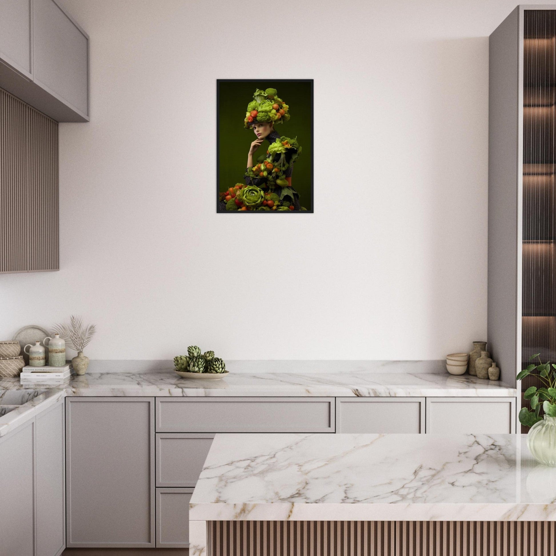 Artistic portrait of a figure composed entirely of green vegetables and fruits.