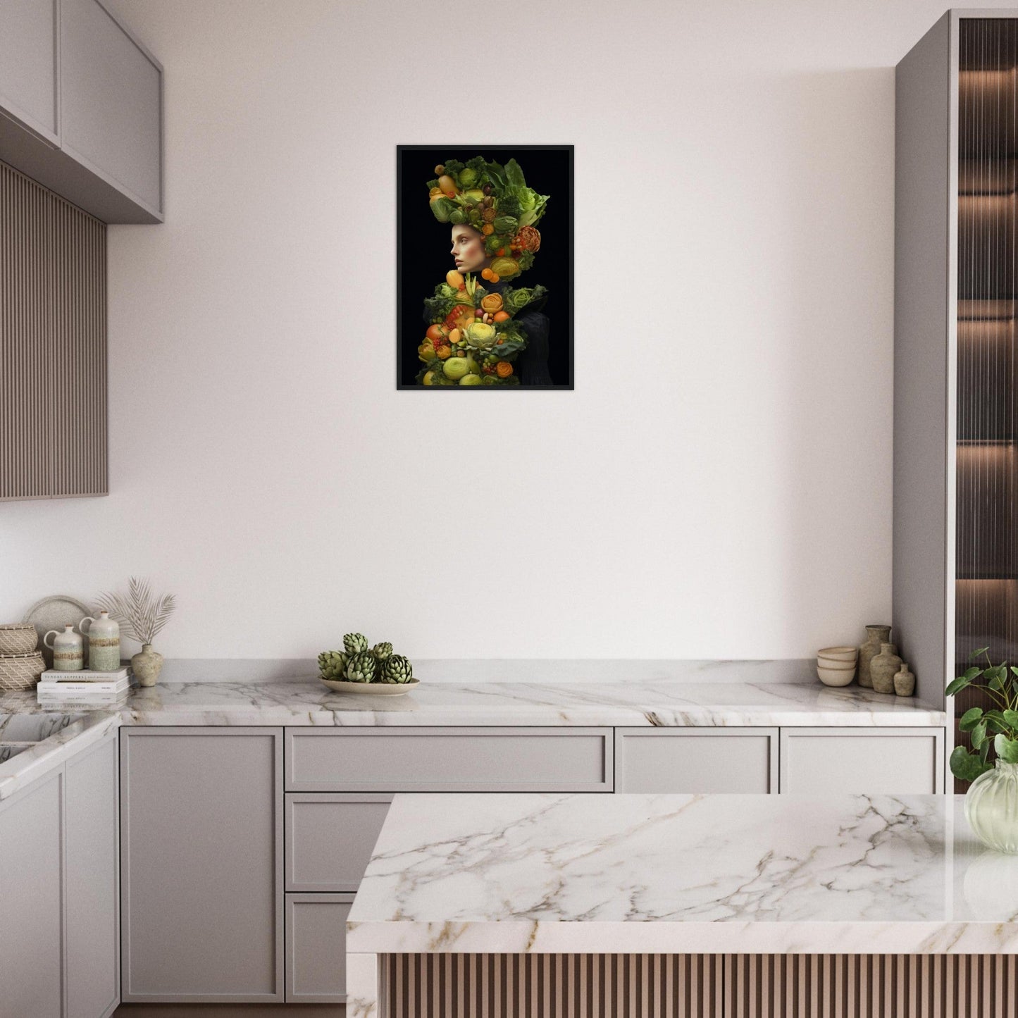 Modern kitchen with white cabinetry, marble countertops, and a striking fruit-themed artwork on the wall.