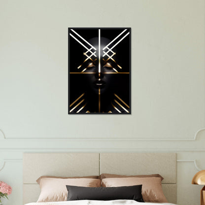 Abstract geometric artwork featuring intersecting illuminated lines forming an X-shape pattern against a dark background.