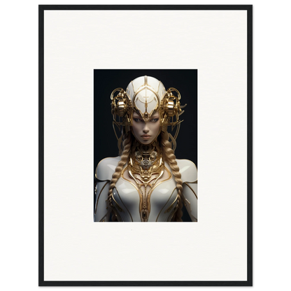 Futuristic female figure with golden headdress in Gilded Cosmos framed wall art