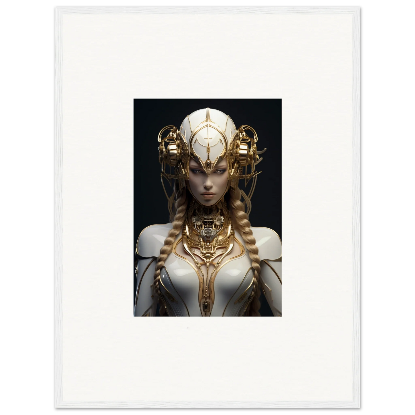 Futuristic female figure in ornate golden headdress, ideal for Gilded Cosmos room decor