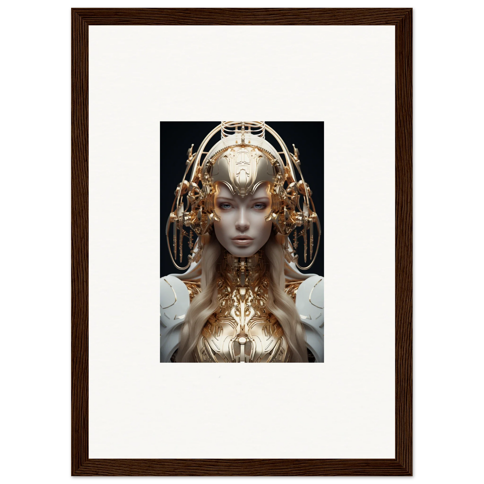 Futuristic female figure in ornate golden headdress for mind reverie room decor