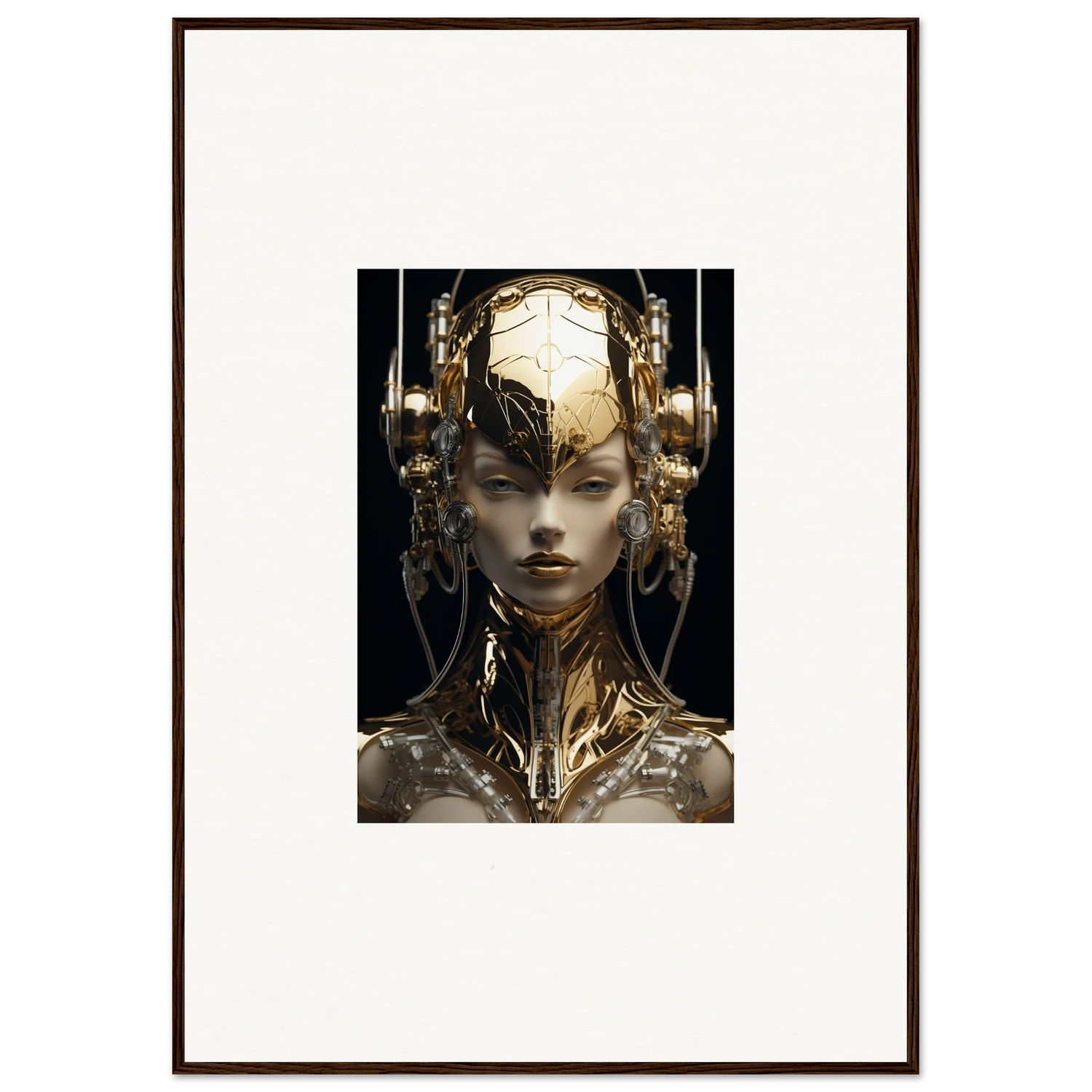 Futuristic humanoid figure with gold flourish in a cyberpunk framed wall art design