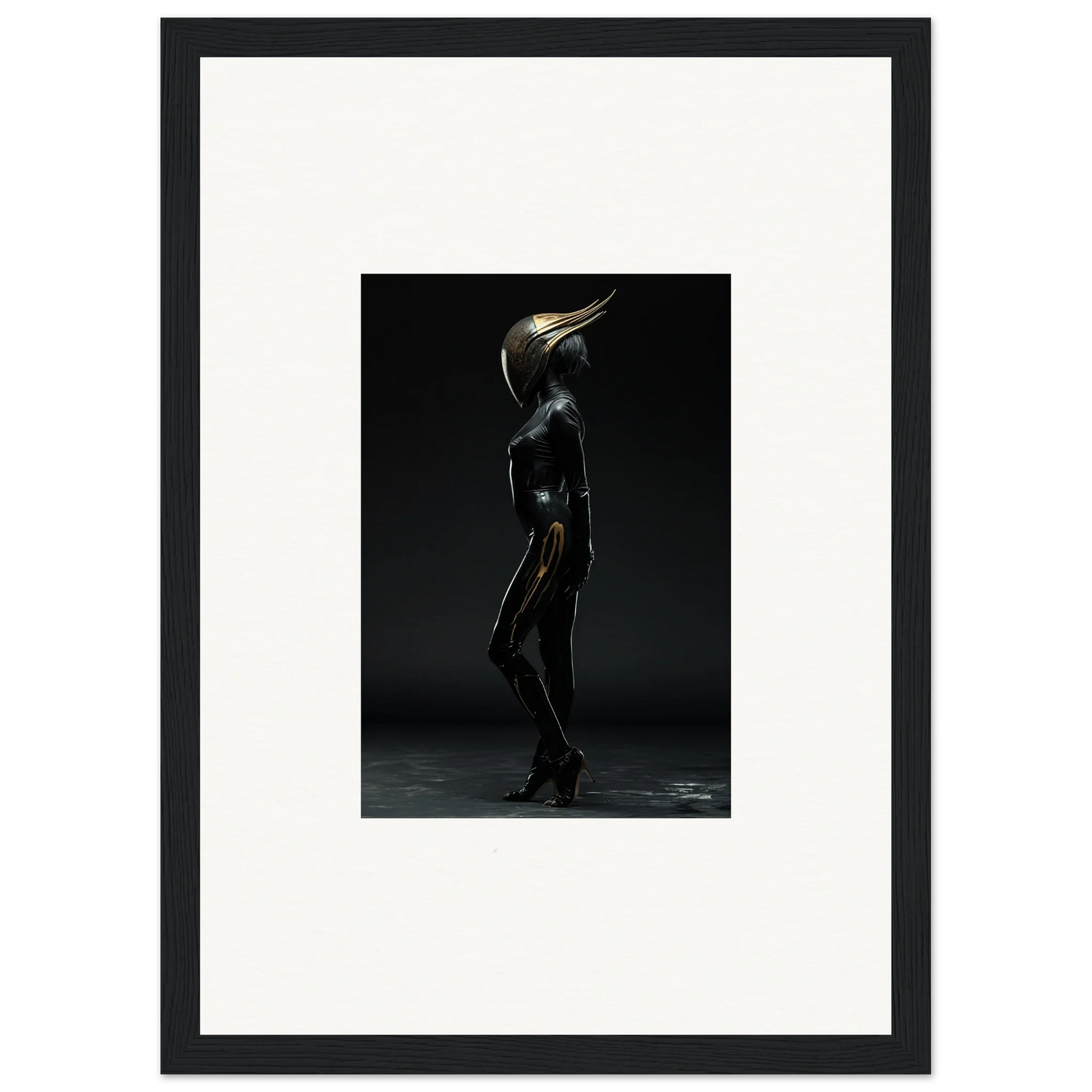 Futuristic humanoid figure with metallic bird head in sleek bodysuit for room decor