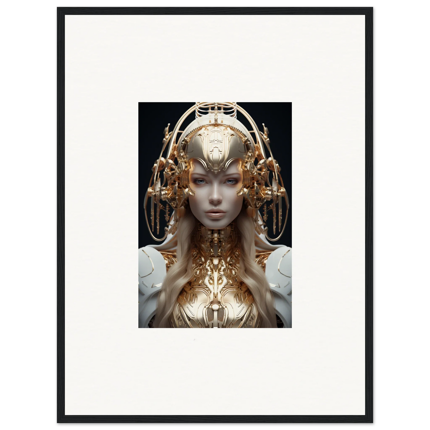 Futuristic humanoid figure with golden headpiece, ideal for Mind Reverie room decor