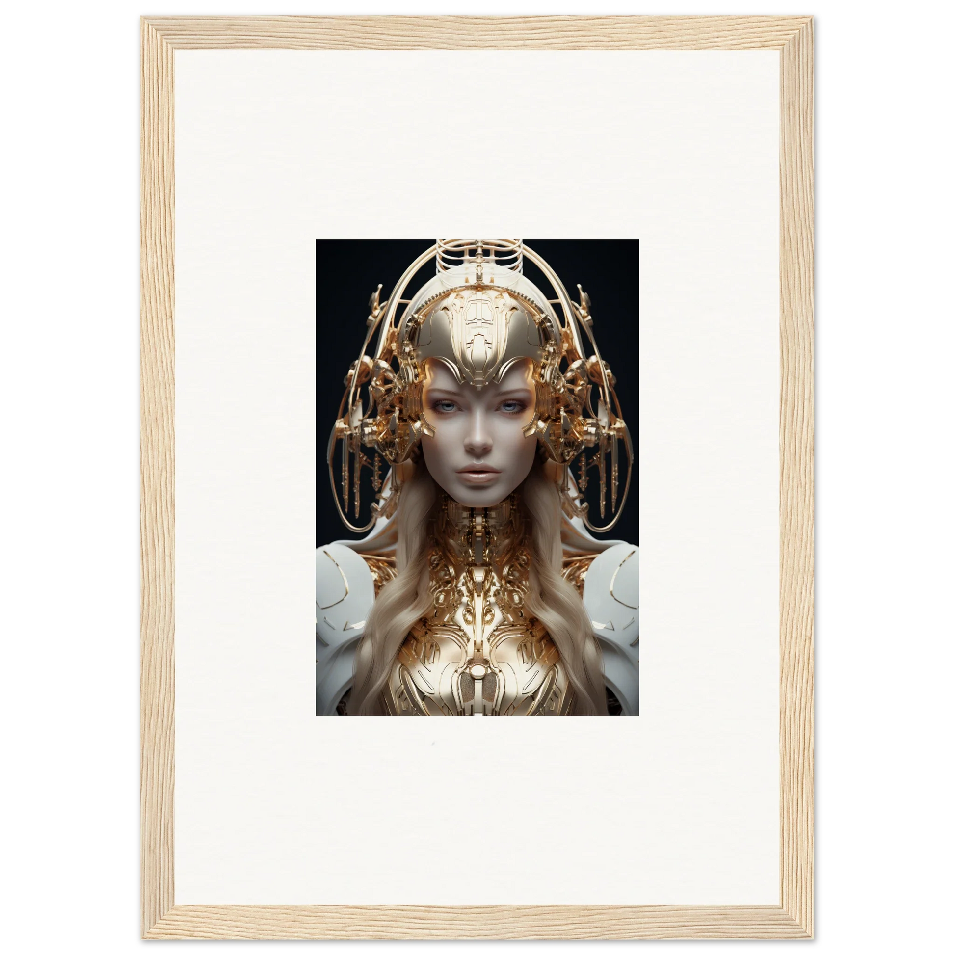 Futuristic humanoid figure with golden headdress in Golden Mind Reverie wall art for room decor