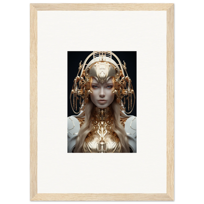 Futuristic humanoid figure with golden headdress in Golden Mind Reverie wall art for room decor