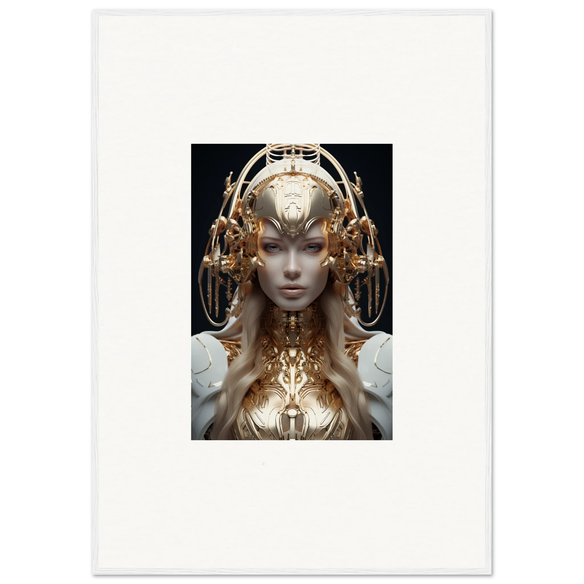 Futuristic humanoid figure in ornate golden headpiece for mind reverie room decor