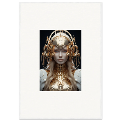 Futuristic humanoid figure in ornate golden headpiece for mind reverie room decor