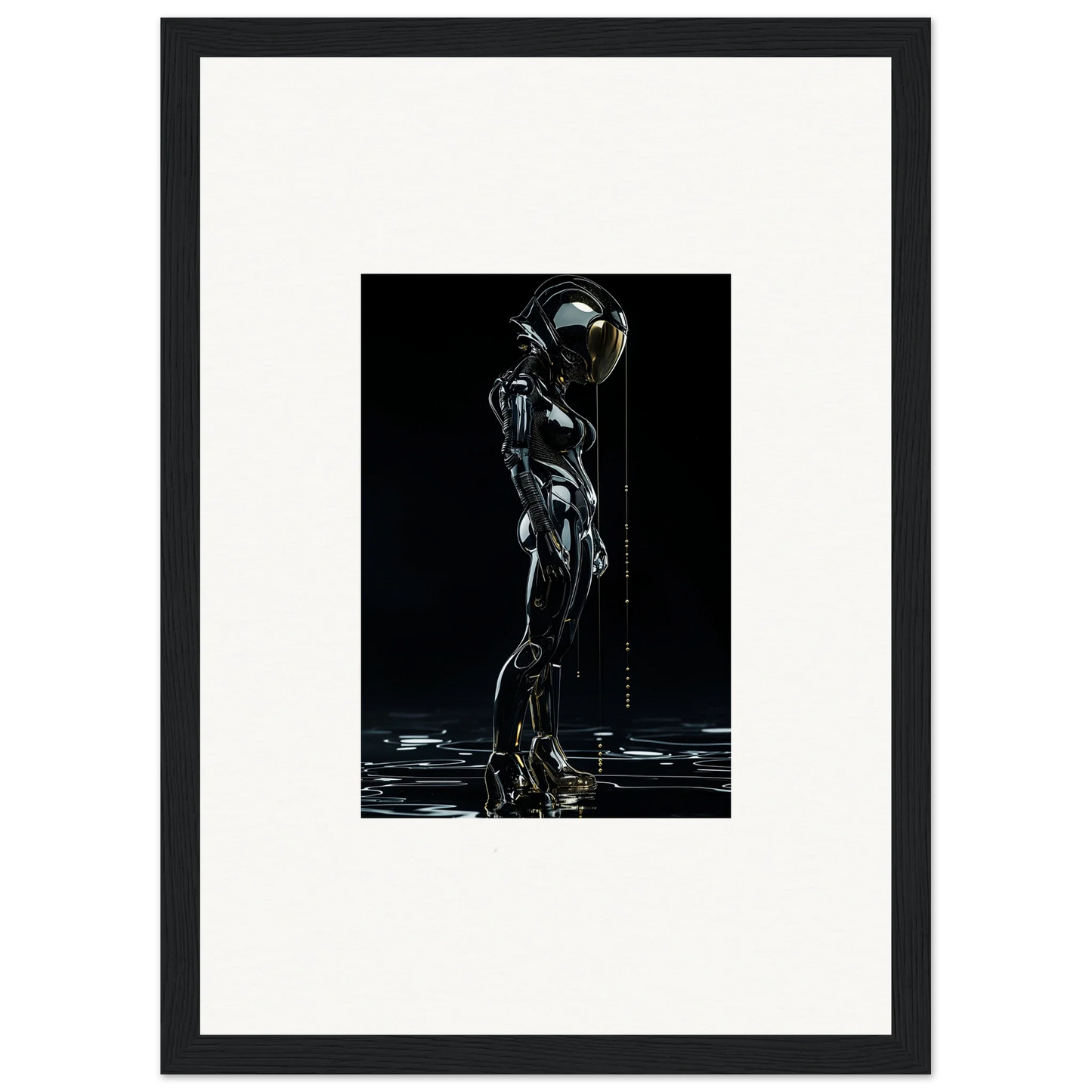 Futuristic humanoid robot figure art for room decor and canvas prints in darkness