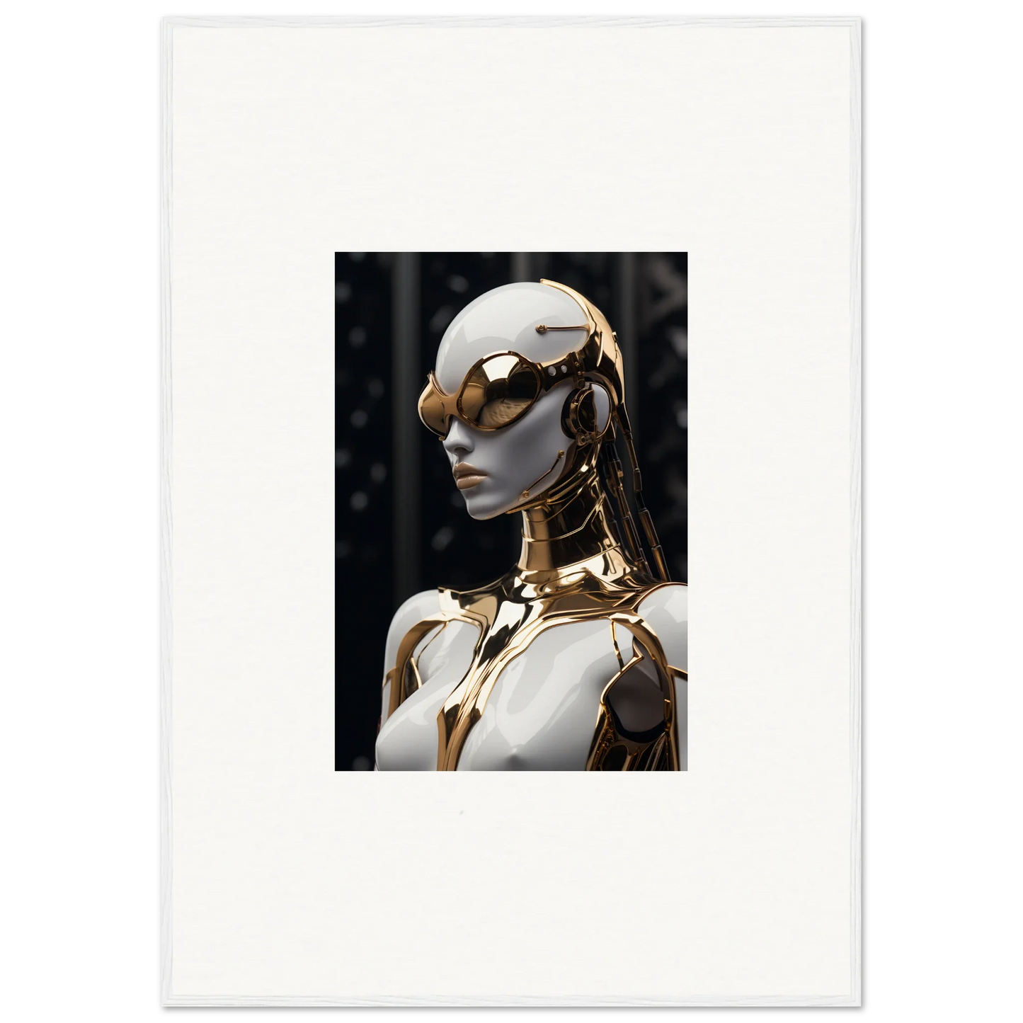 Futuristic humanoid robot with gold accents for Psyche Glimmer room decor framed wall art