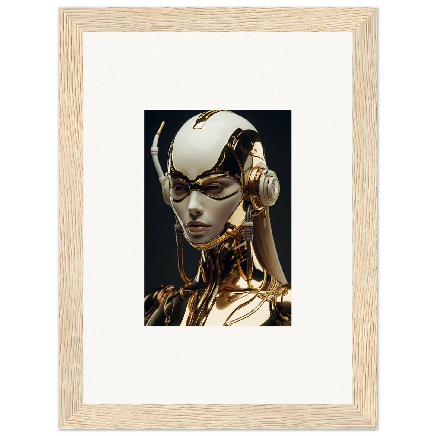 Futuristic humanoid robot with gold body and white helmet for Aurora Botanical Sonata decor