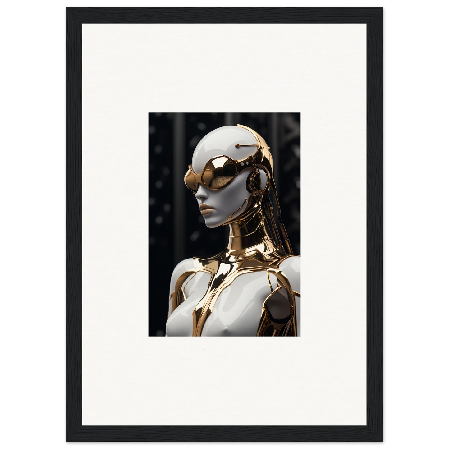 Futuristic humanoid robot with gold accents for Psyche Glimmer wall art decor