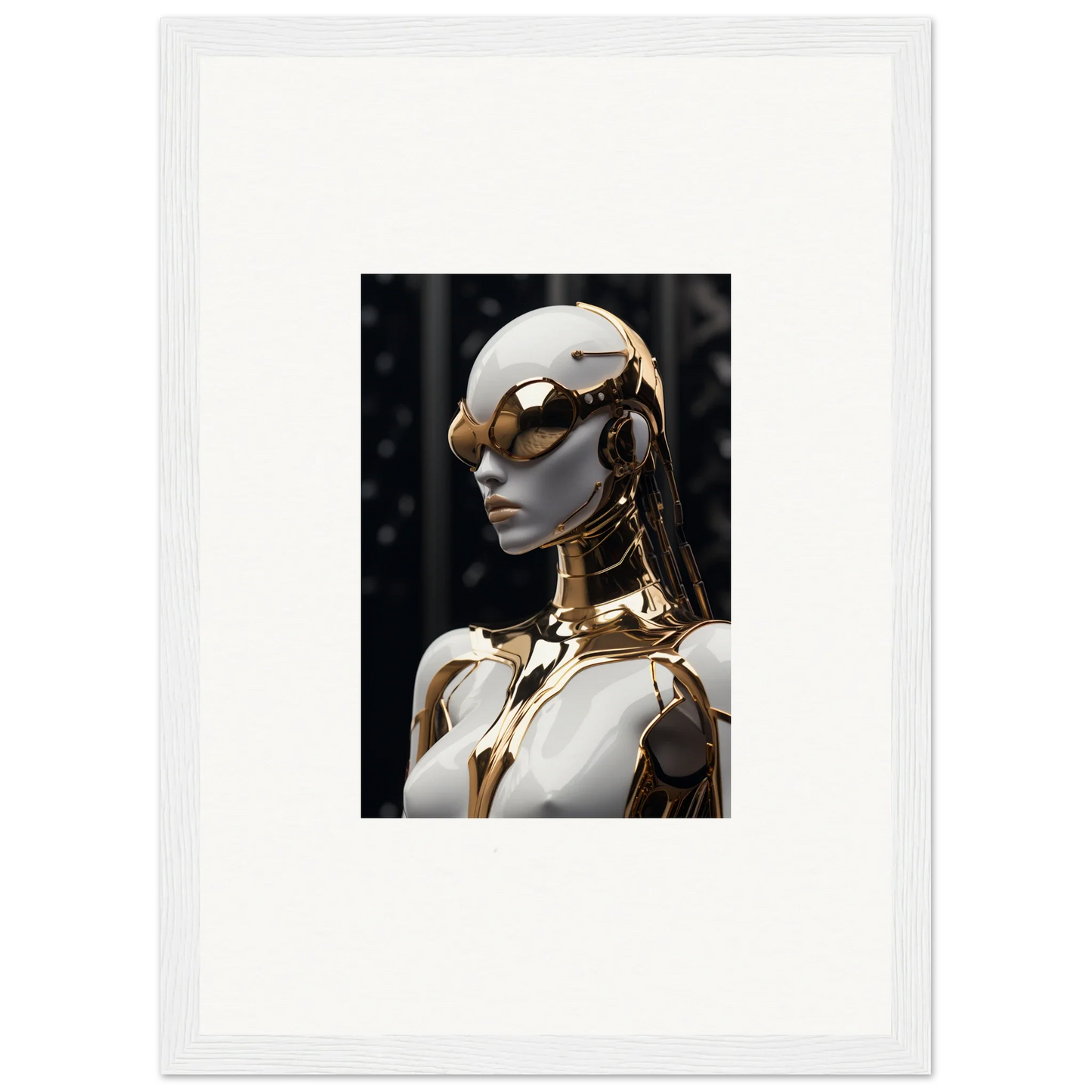 Futuristic humanoid robot with gold accents in a framed wall art for Psyche Glimmer room decor