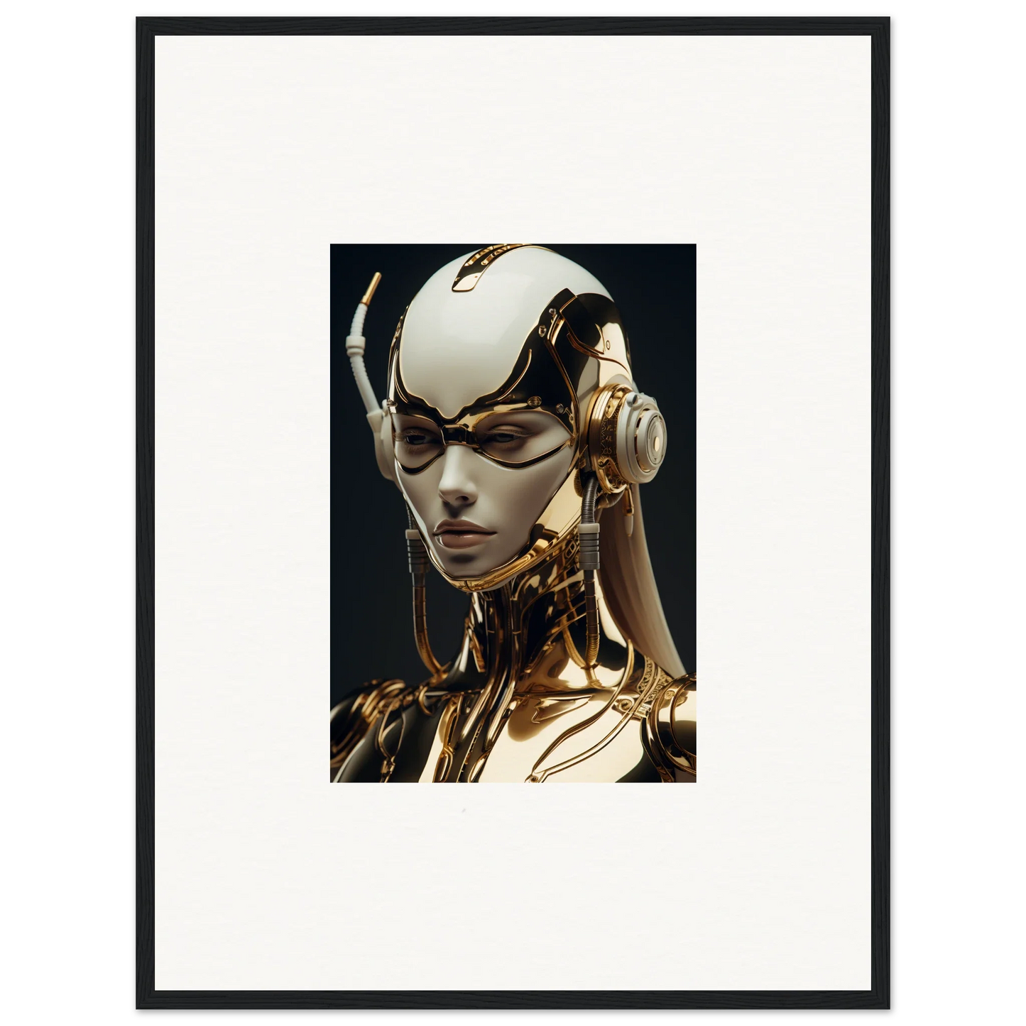 Futuristic humanoid robot in sleek gold and white design for Botanical Sonata room decor