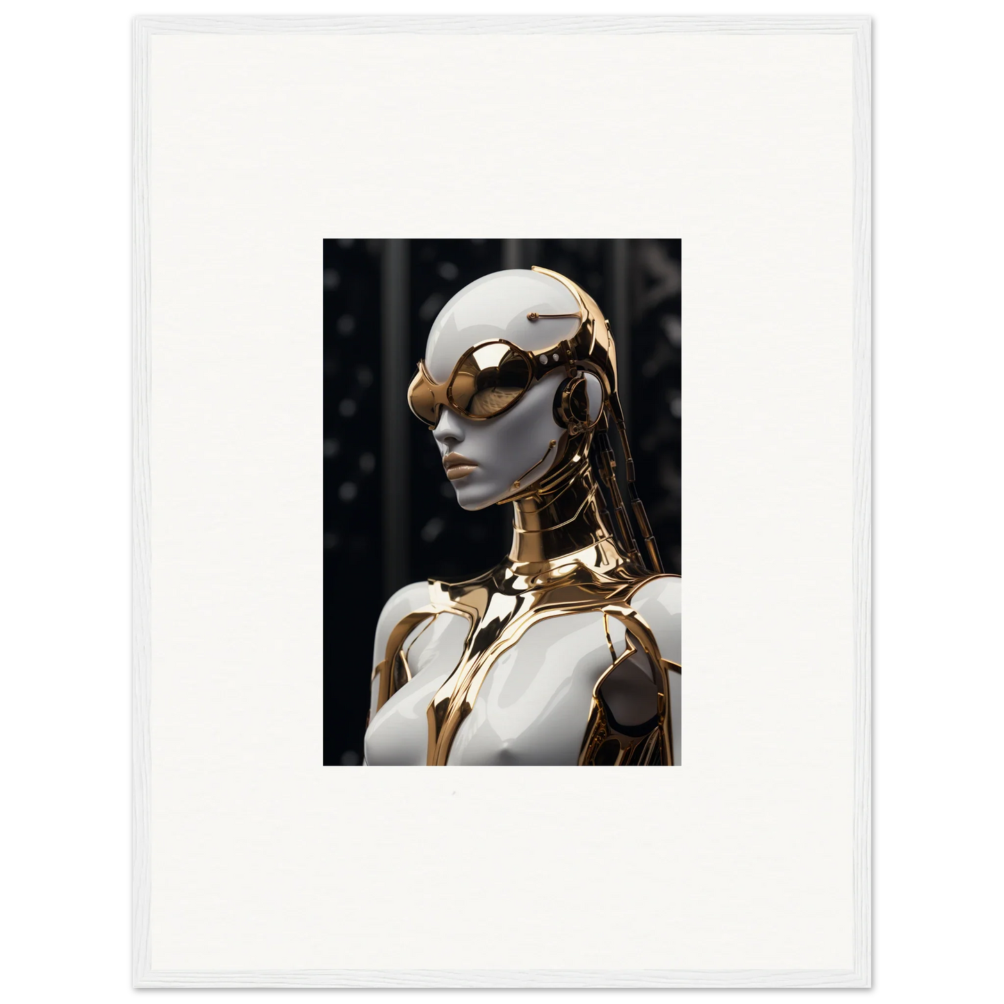 Futuristic humanoid robot with gold design, part of Chrome Psyche Glimmer room decor