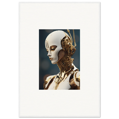 Futuristic humanoid robot with white face, ideal for Whiskey Obedient room decor or art