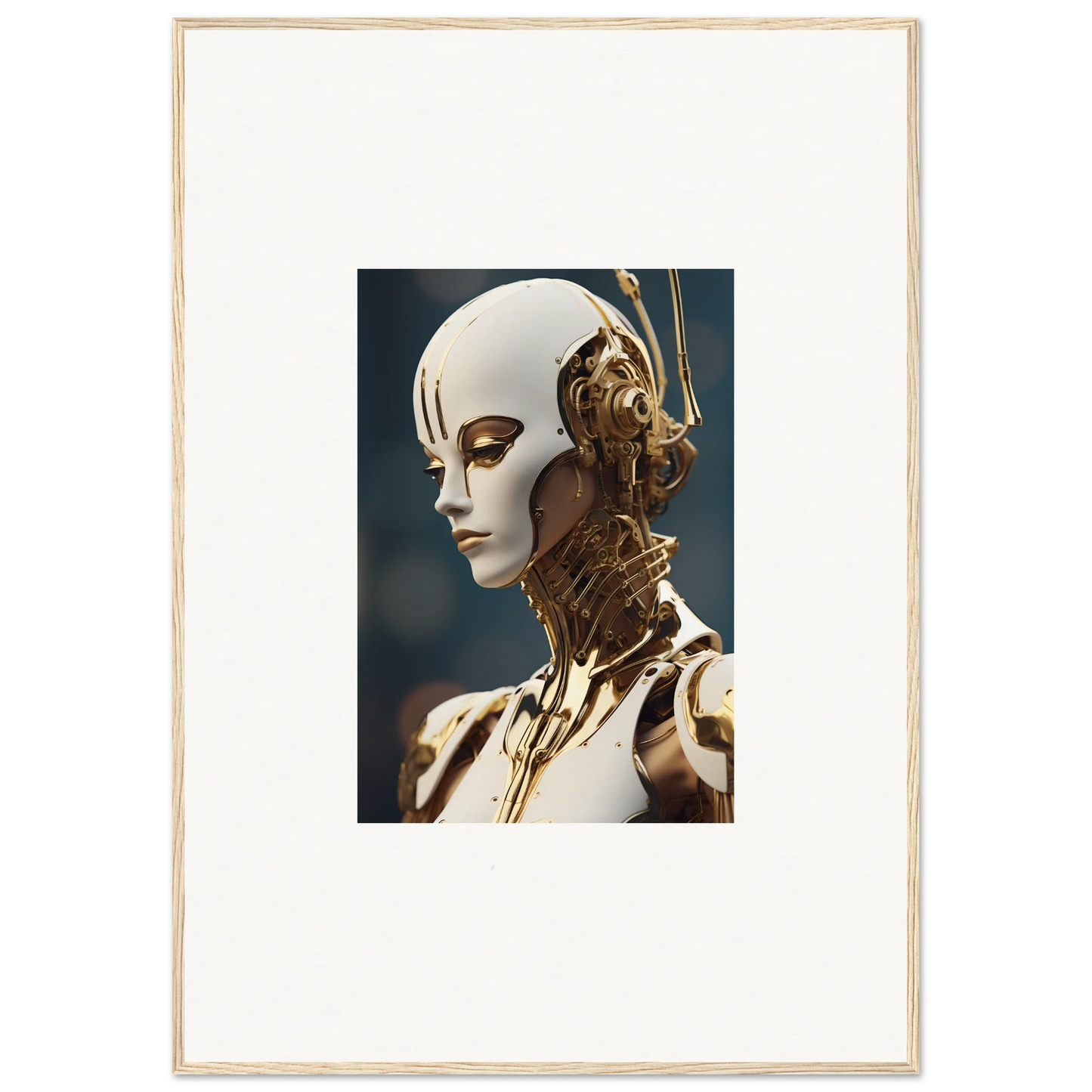 Futuristic humanoid robot with golden parts for unique room decor framed wall art