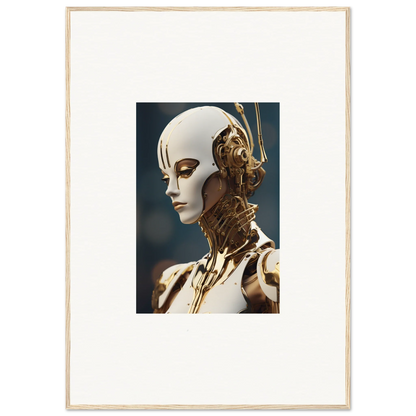 Futuristic humanoid robot with golden parts for unique room decor framed wall art